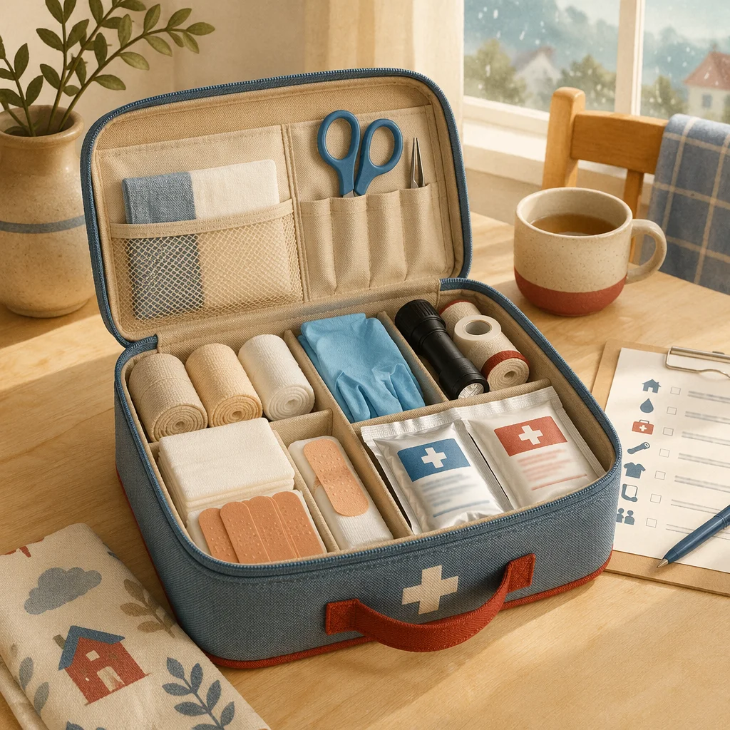 Prepared First Aid Kit on Kitchen Table