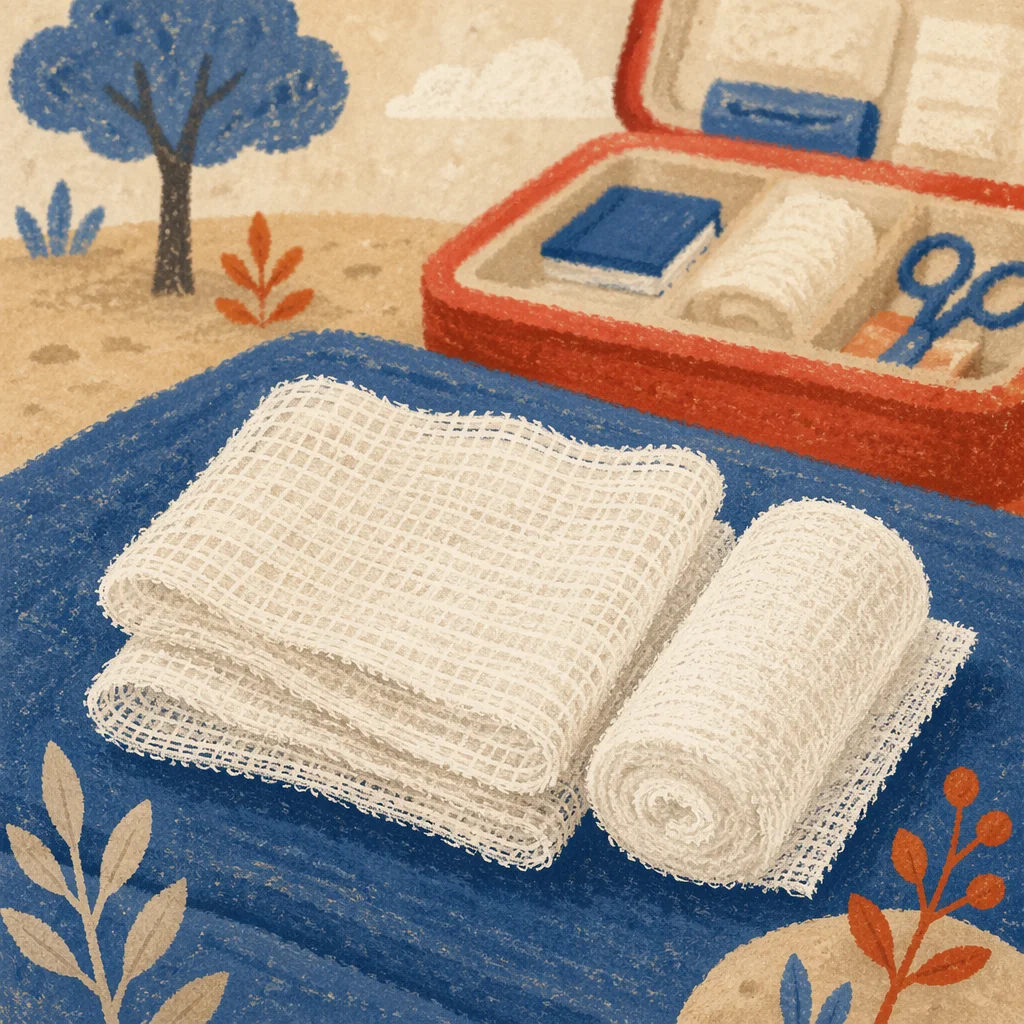 Emergency First Aid Gauze on Blue Cloth
