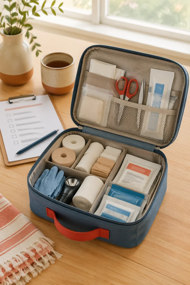 Prepared First Aid Kit on Kitchen Table