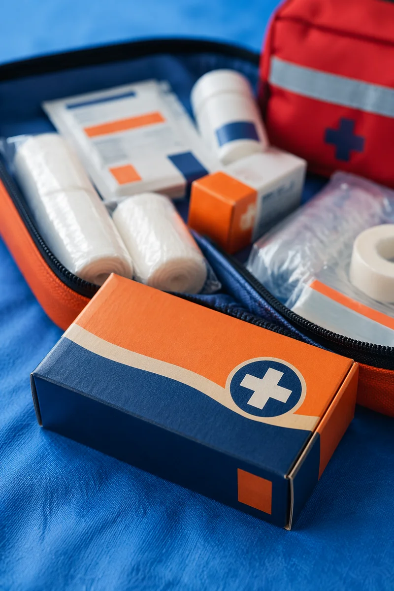 Open First Aid Kit on Blue Surface