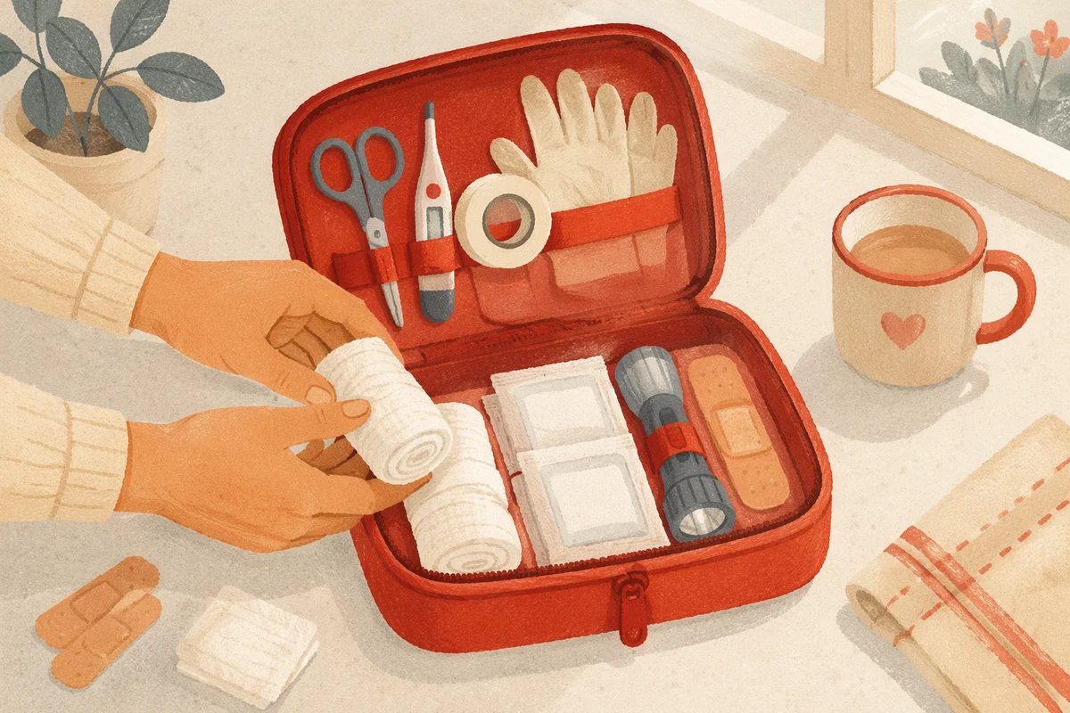 Prepared First Aid Kit on Kitchen Table