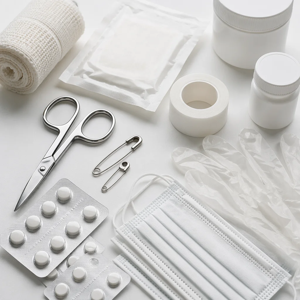 First Aid Kit Emergency Supplies Flat Lay