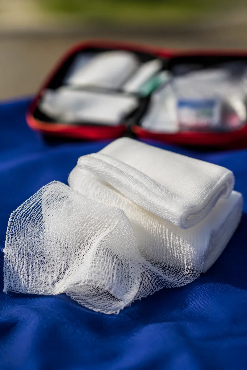First Aid Gauze on Blue Medical Cloth