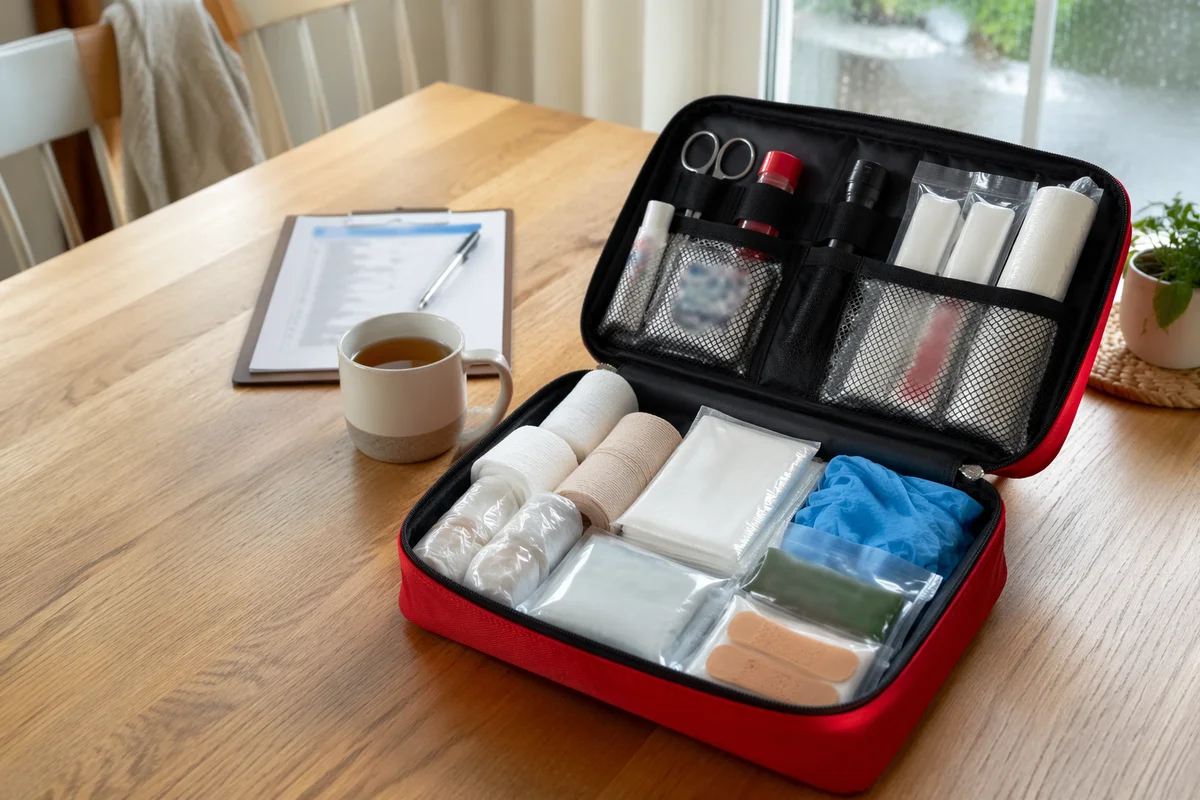 Prepared First Aid Kit on Kitchen Table