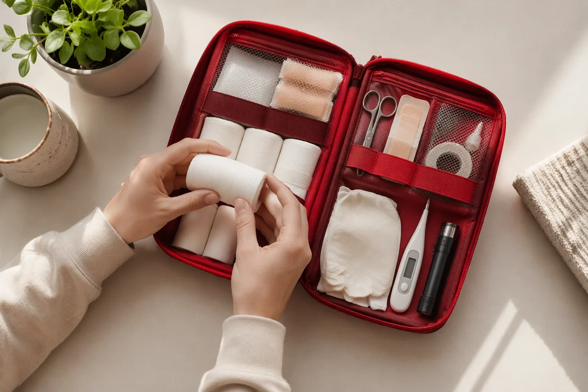 Open First Aid Kit with Emergency Supplies