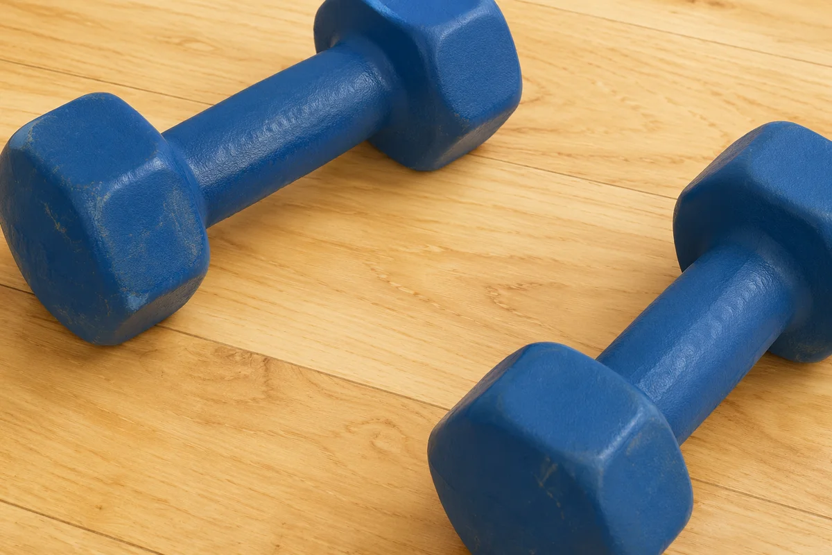 Blue Dumbbells on Maple Gym Floor