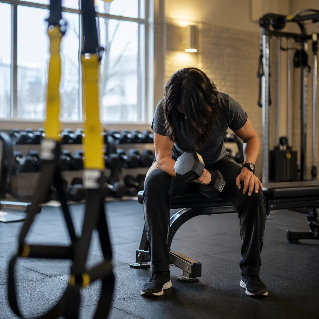 Focused Dumbbell Curl in Rehabilitation Gym
