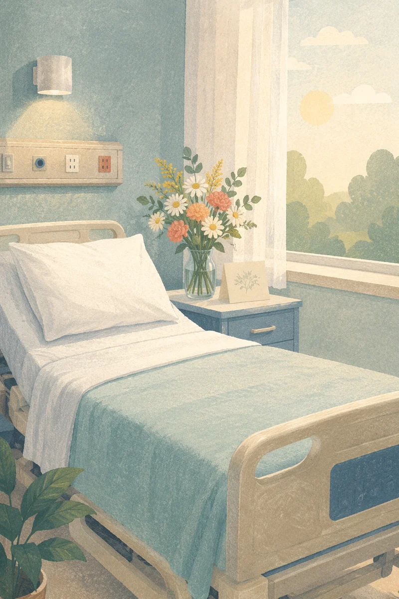 Peaceful Hospital Room with Flowers and Card