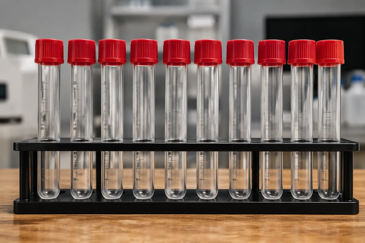 Red Capped Laboratory Test Tubes on Wooden Bench