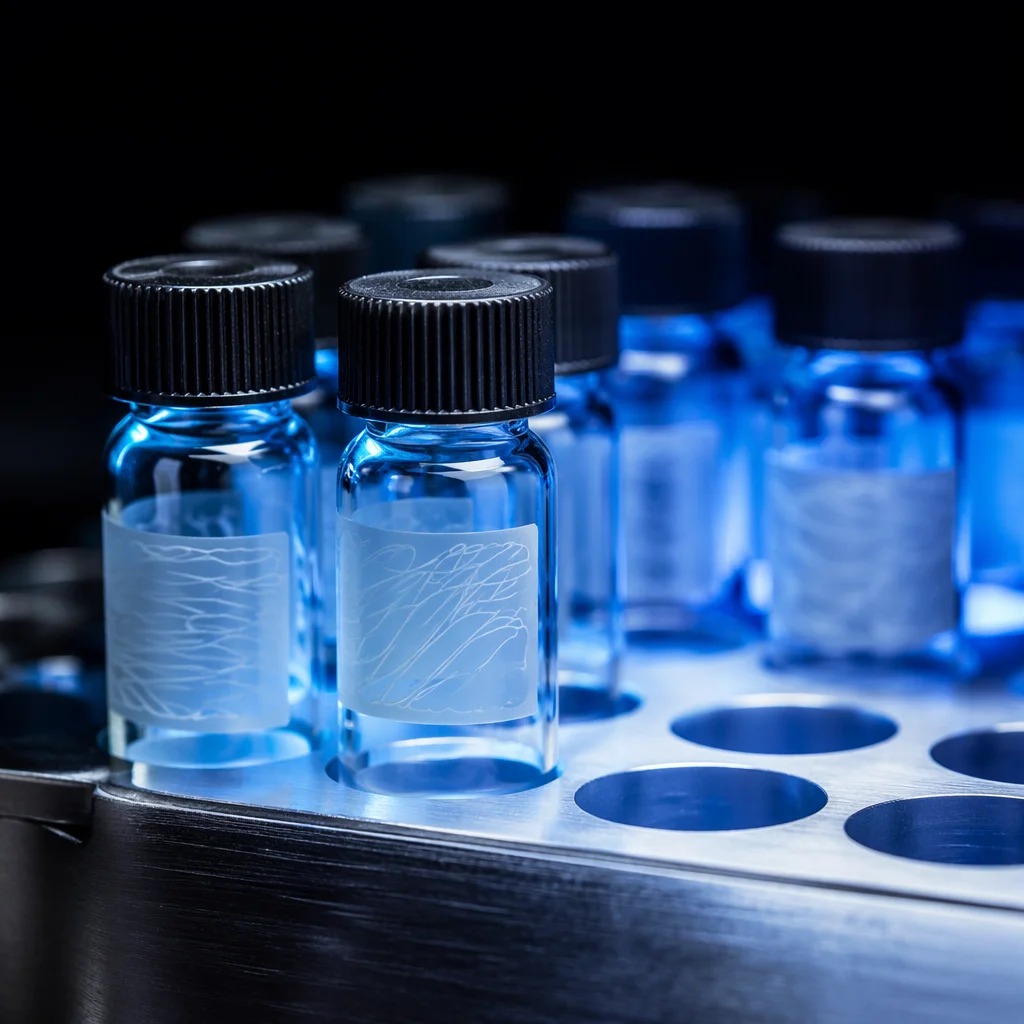 Blue Lit Laboratory Vials in Metal Rack