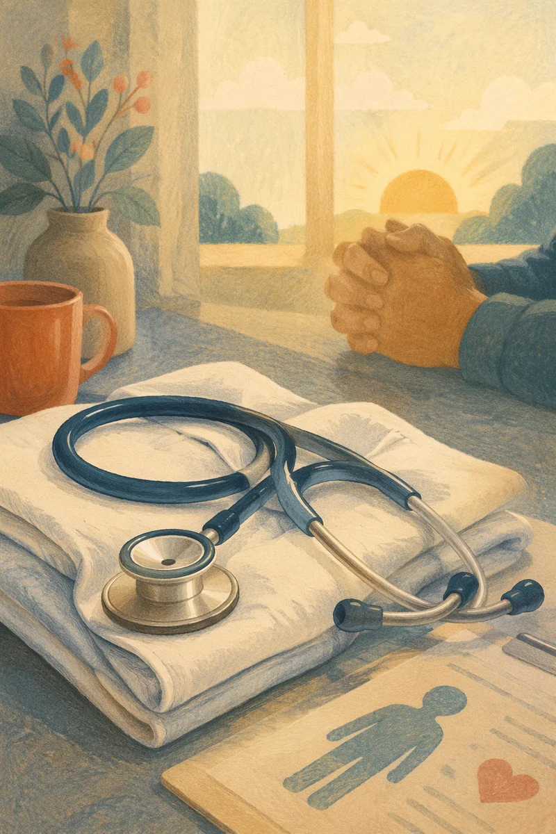 Stethoscope on Clinician Coat with Prayerful Hands