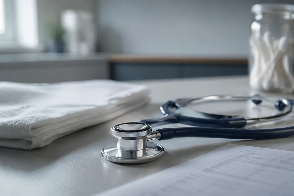 Close-Up Stethoscope on Clinic Examination Table