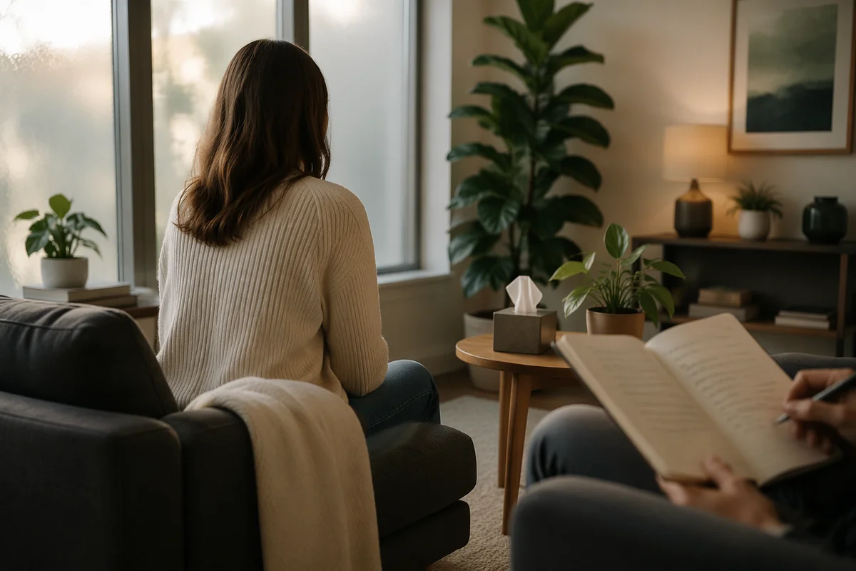 Calm Therapy Office Counseling Session Scene