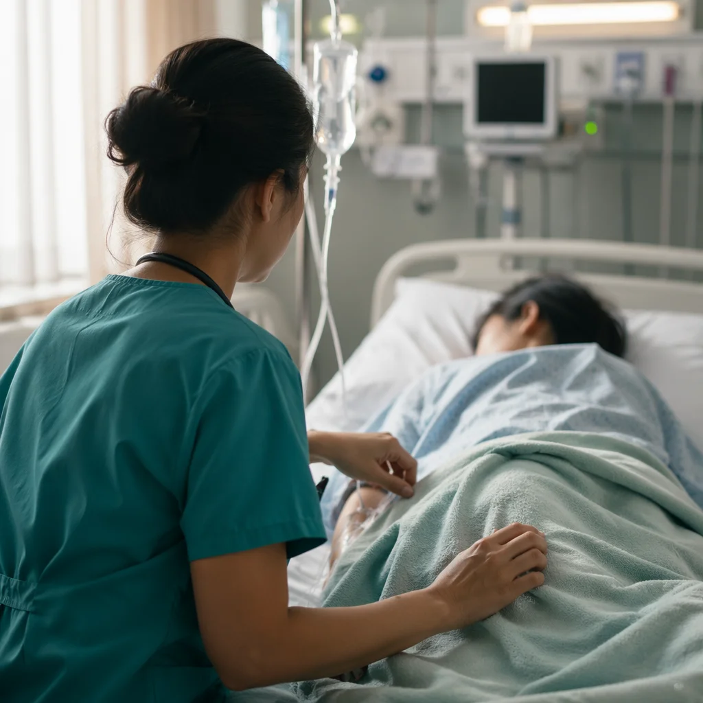 Compassionate Nurse Caring in Hospital Room