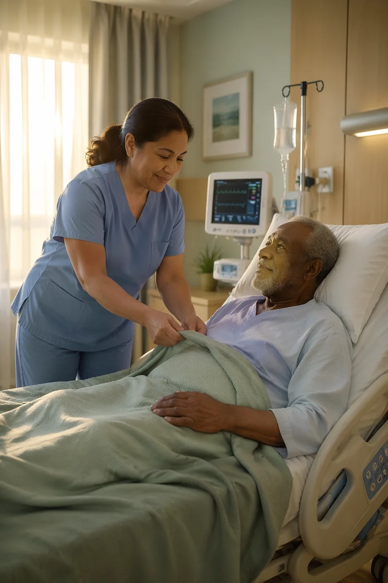 Nurse Comforting Elderly Patient in Hospital Room