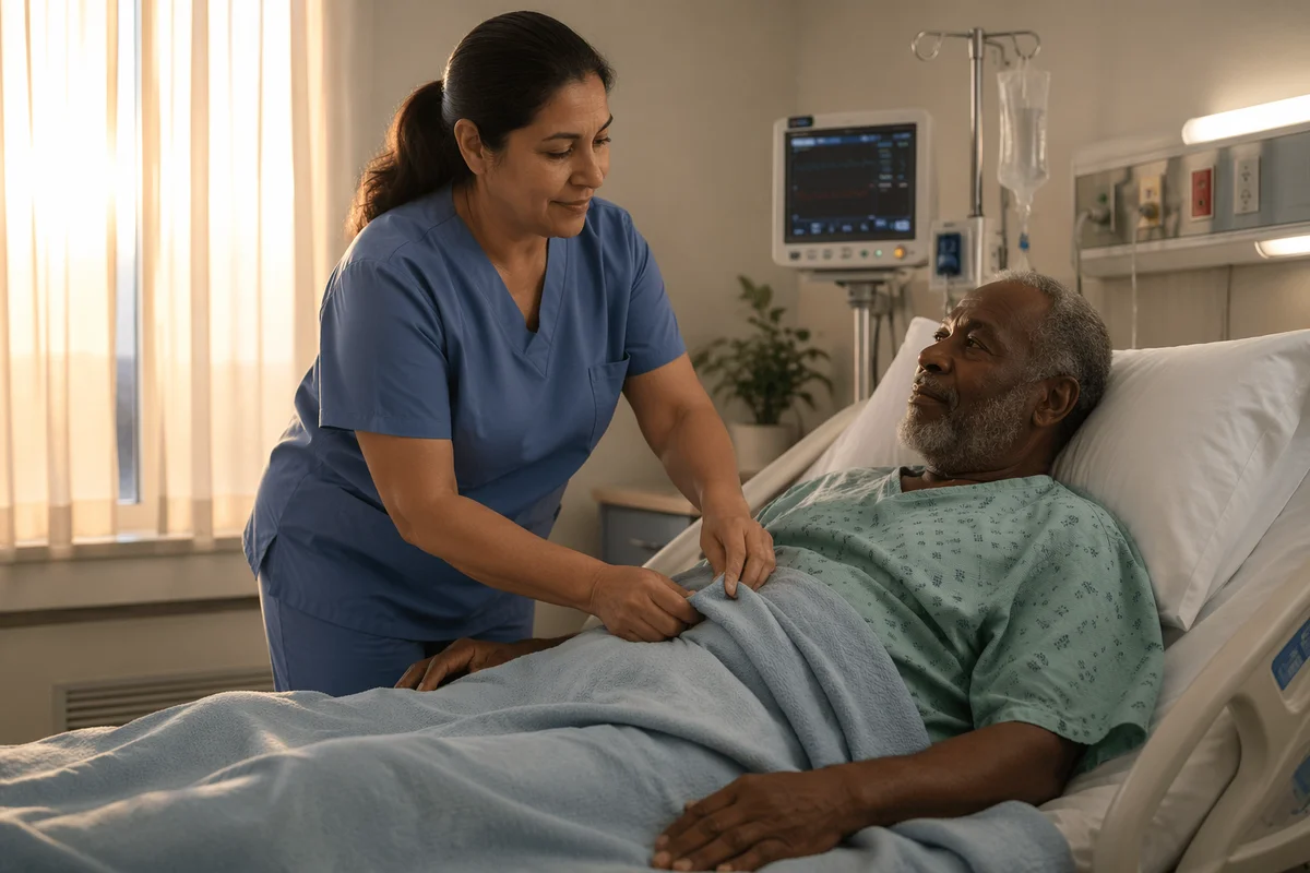 Nurse Comforting Elderly Patient in Hospital Room