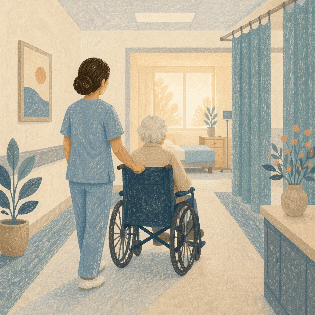 Compassionate Nurse Guiding Patient at Dawn