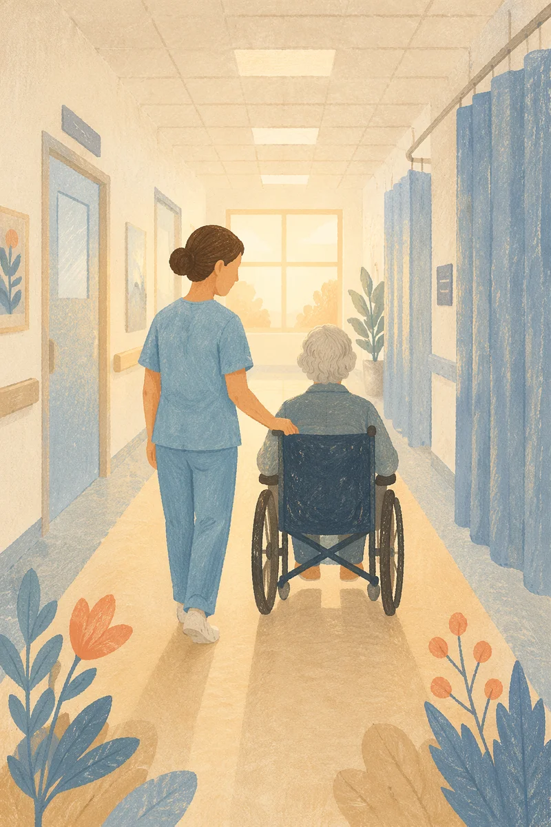 Nurse Assisting Patient in Hospital Corridor