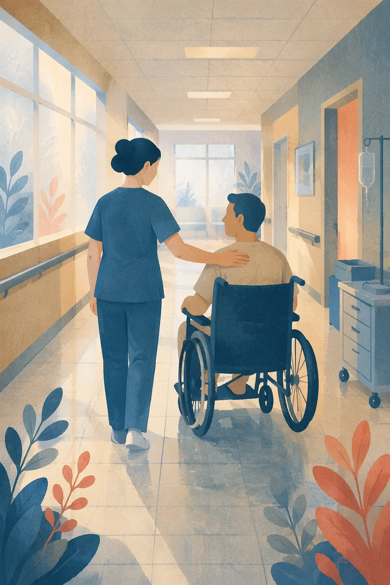 Compassionate Nurse Assisting Patient in Corridor