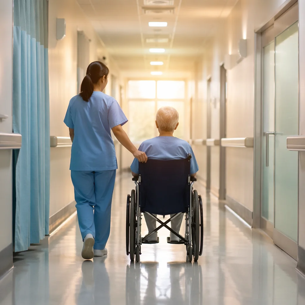 Nurse Assisting Patient in Hospital Corridor