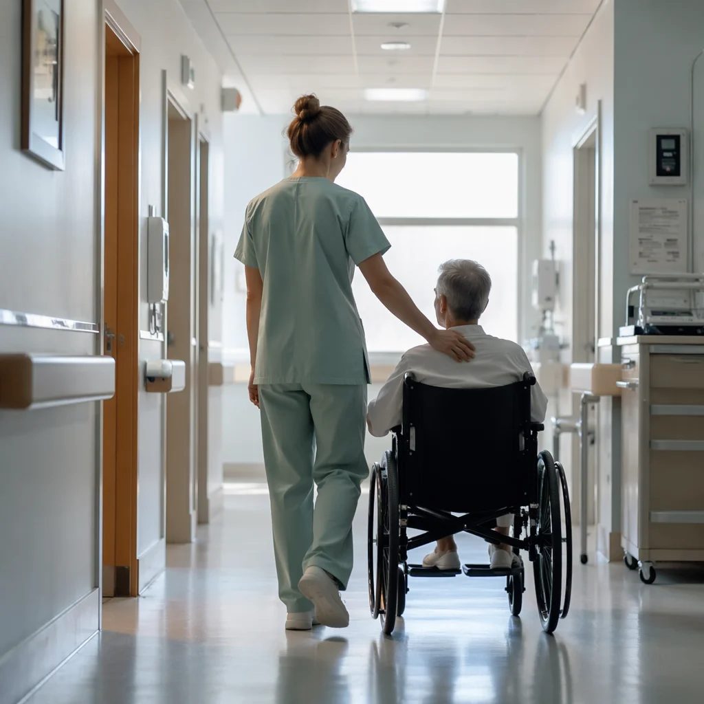 Nurse Guiding Patient Through Hospital Corridor