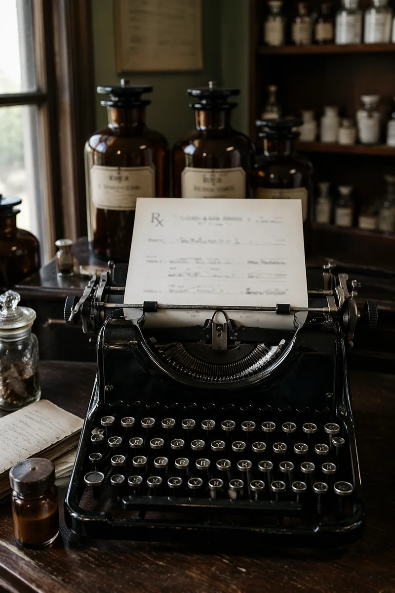 Vintage Pharmacy Prescription Counter With Typewriter
