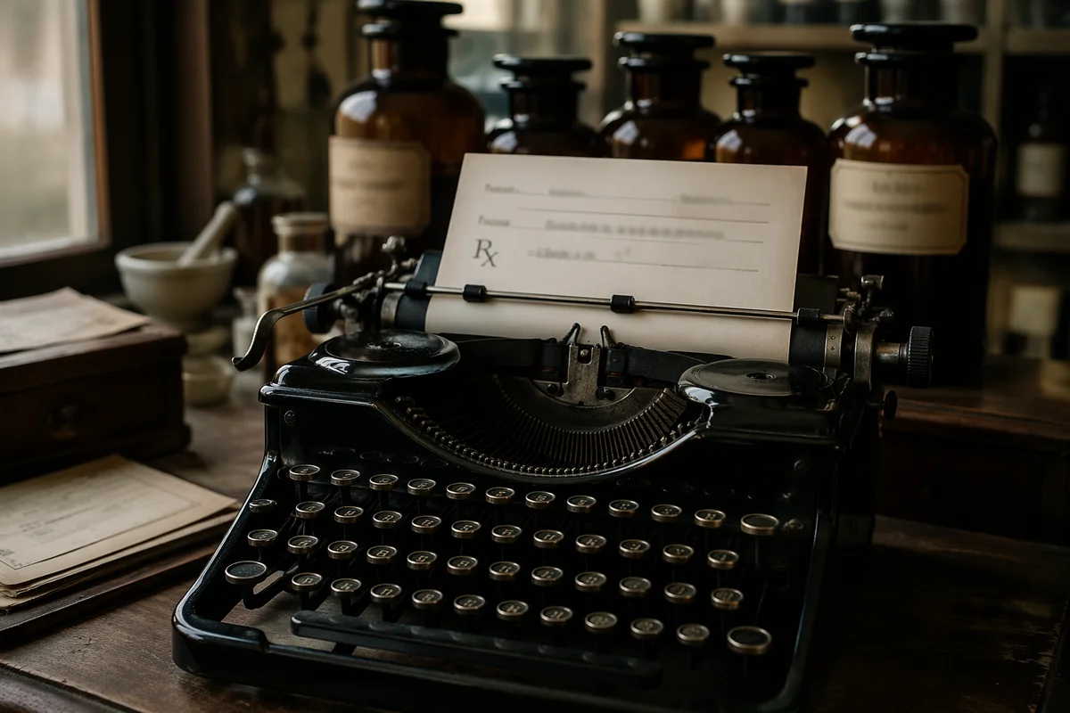 Vintage Pharmacy Prescription Counter With Typewriter
