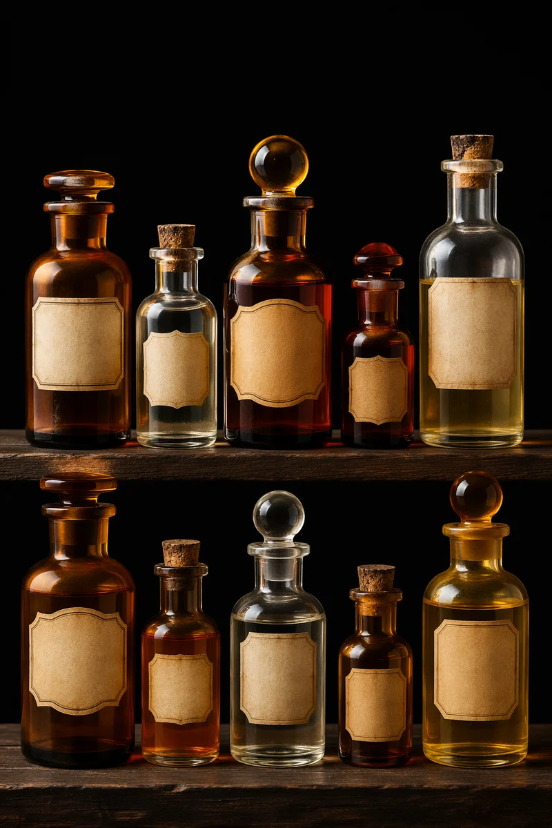 Vintage Apothecary Bottles on Dark Shelf