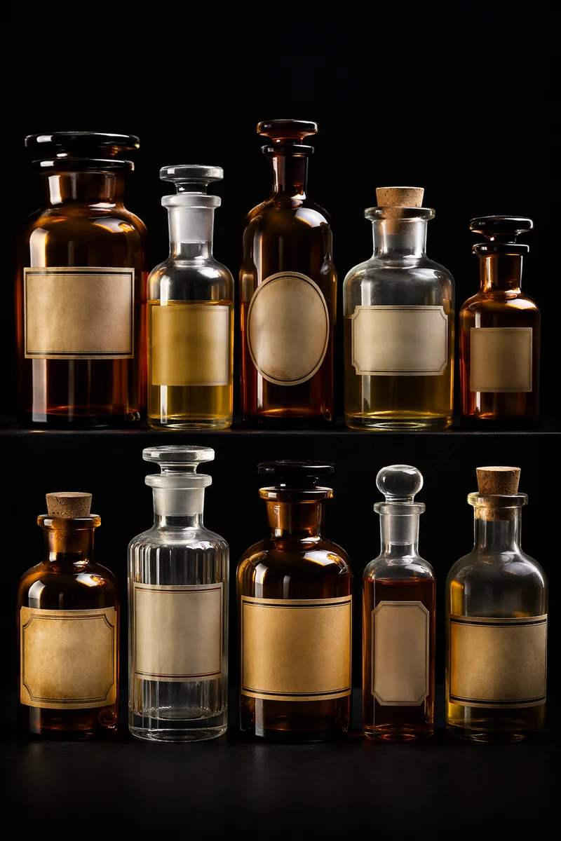 Vintage Apothecary Bottles on Dark Pharmacy Shelf