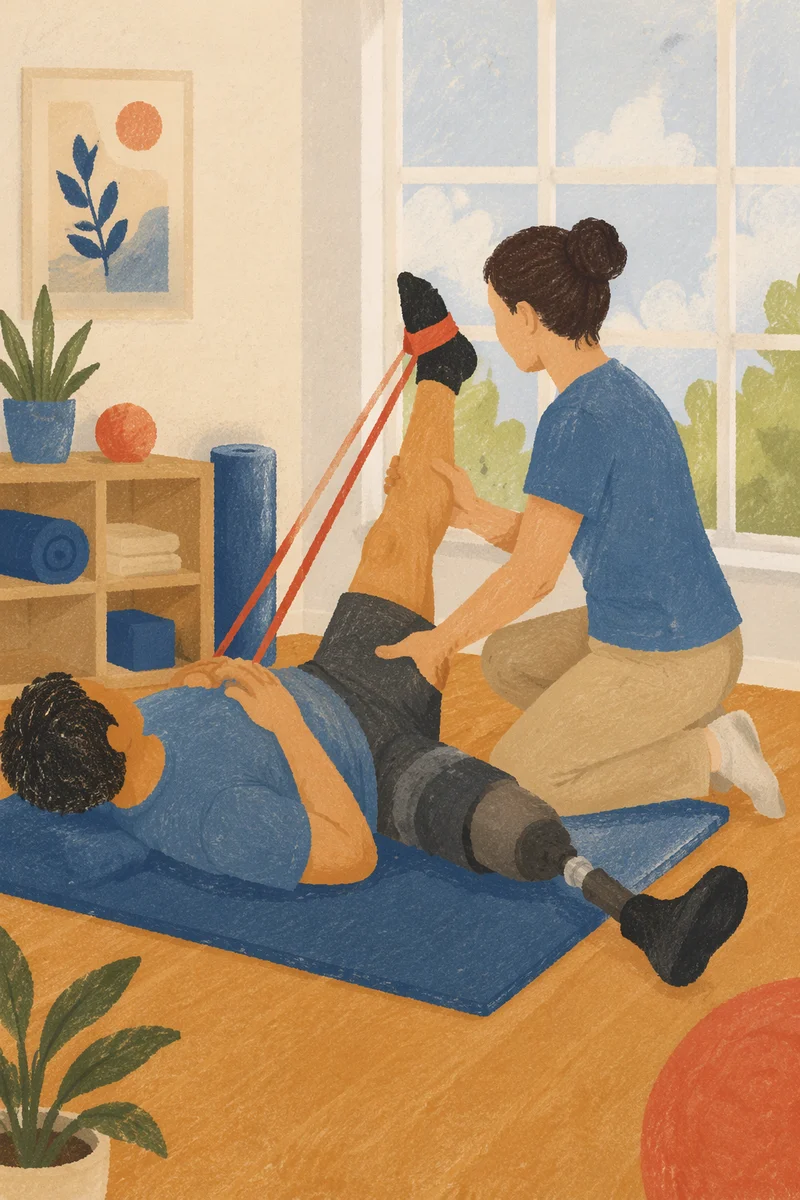Guided Physical Therapy Stretch With Prosthetic