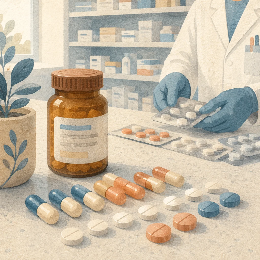 Medicine Capsules and Pills on Pharmacy Counter