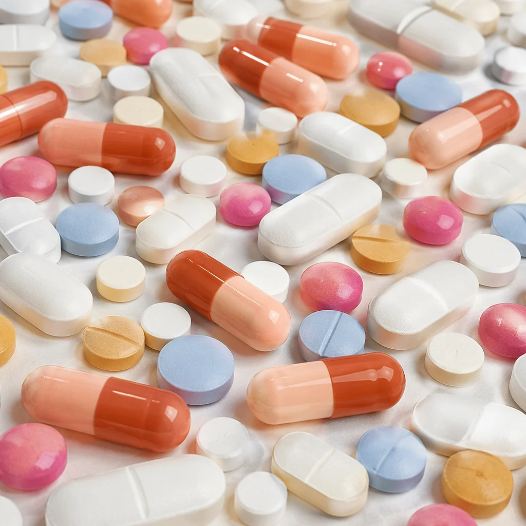 Assorted Pills on Clean Pharmacy Counter