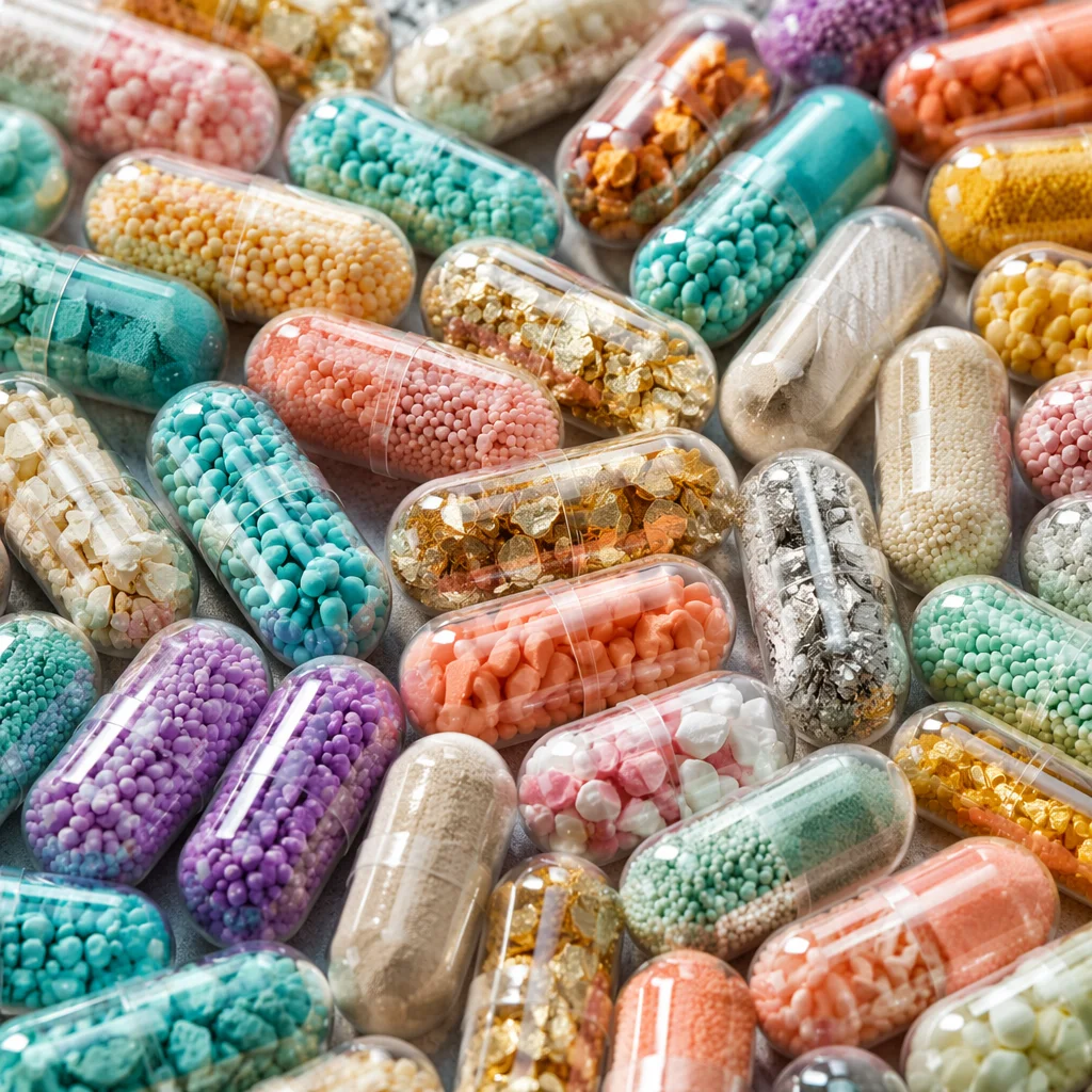 Colorful Medicine Capsules on Pharmacy Surface