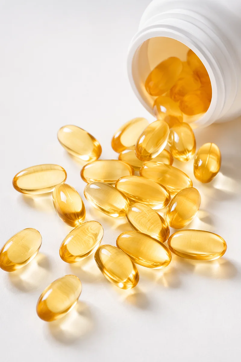 Golden Softgel Capsules Spilling from Pharmacy Bottle