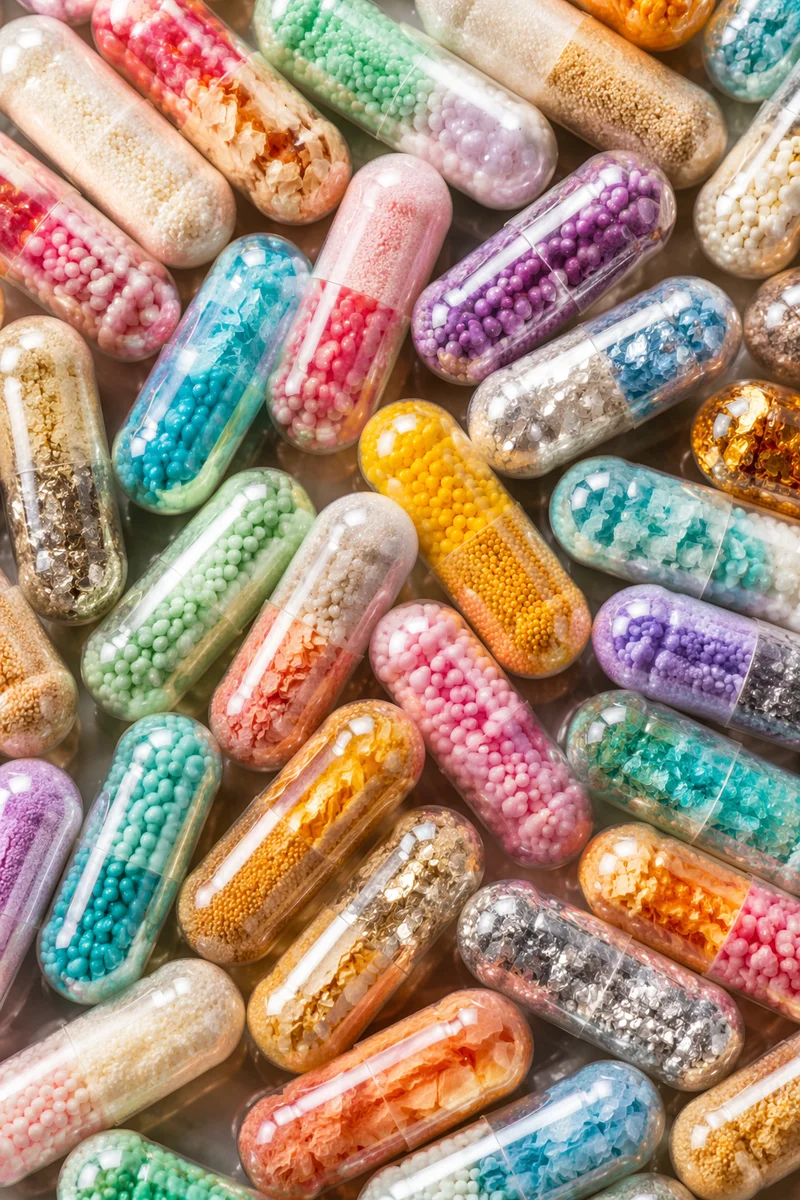 Colorful Macro Capsules on Pharmacy Surface