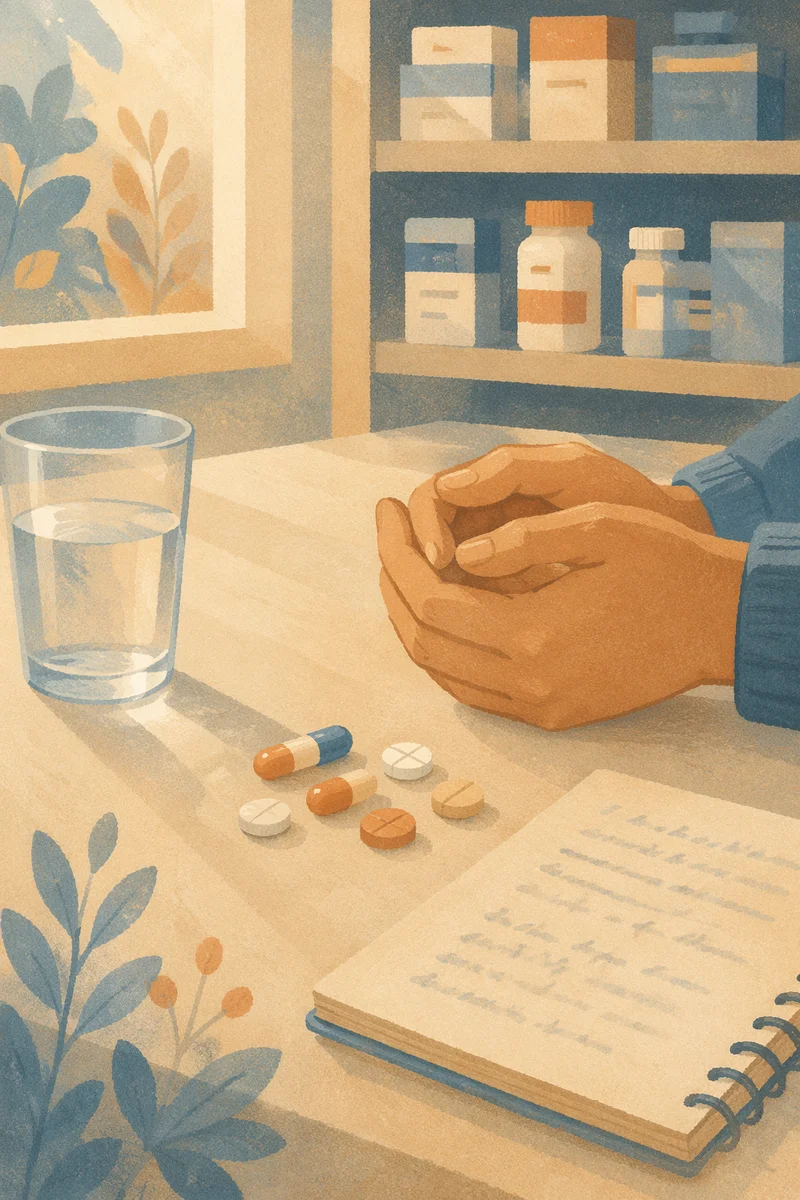 Hopeful Prayer Beside Medicine on Pharmacy Counter