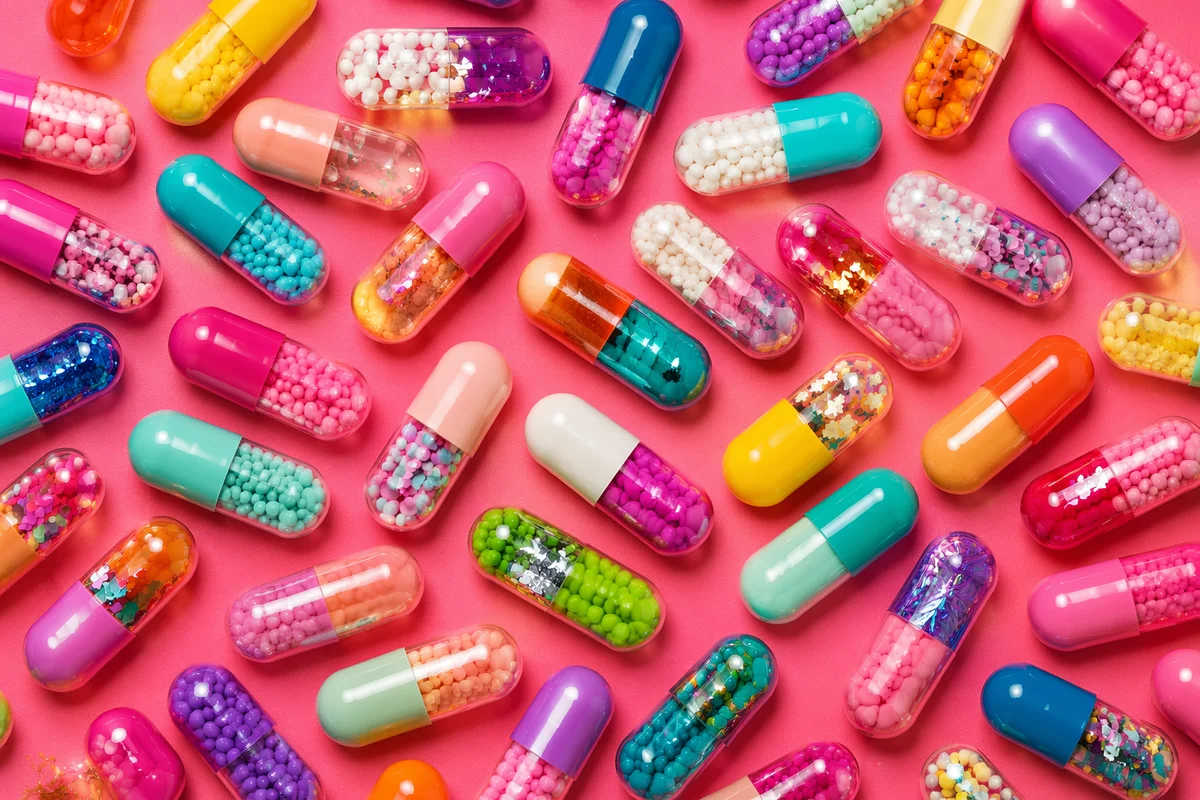 Colorful Capsules on Pink Pharmacy Background