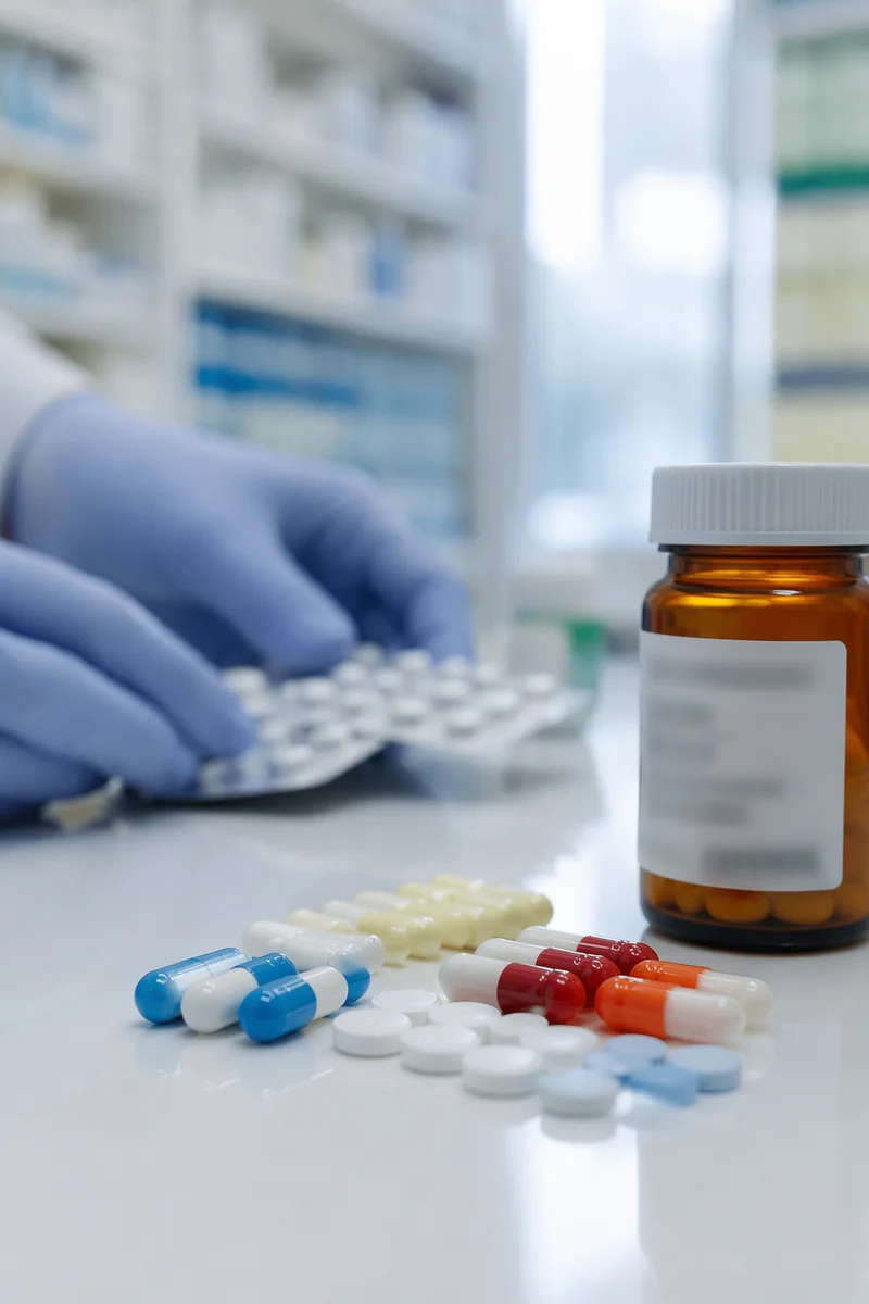 Medicine Capsules on Modern Pharmacy Counter
