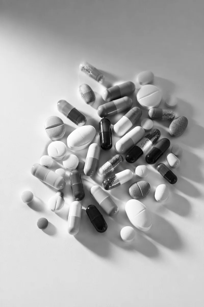 Black and White Medicine Capsules Flat Lay