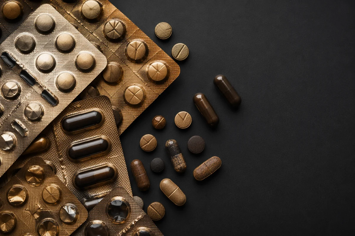 Premium Pharmacy Pills on Charcoal Background