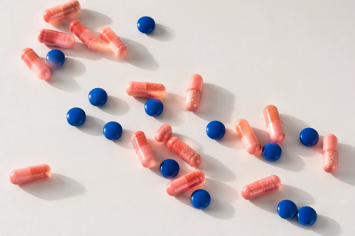 Assorted Capsules and Blue Tablets Overhead