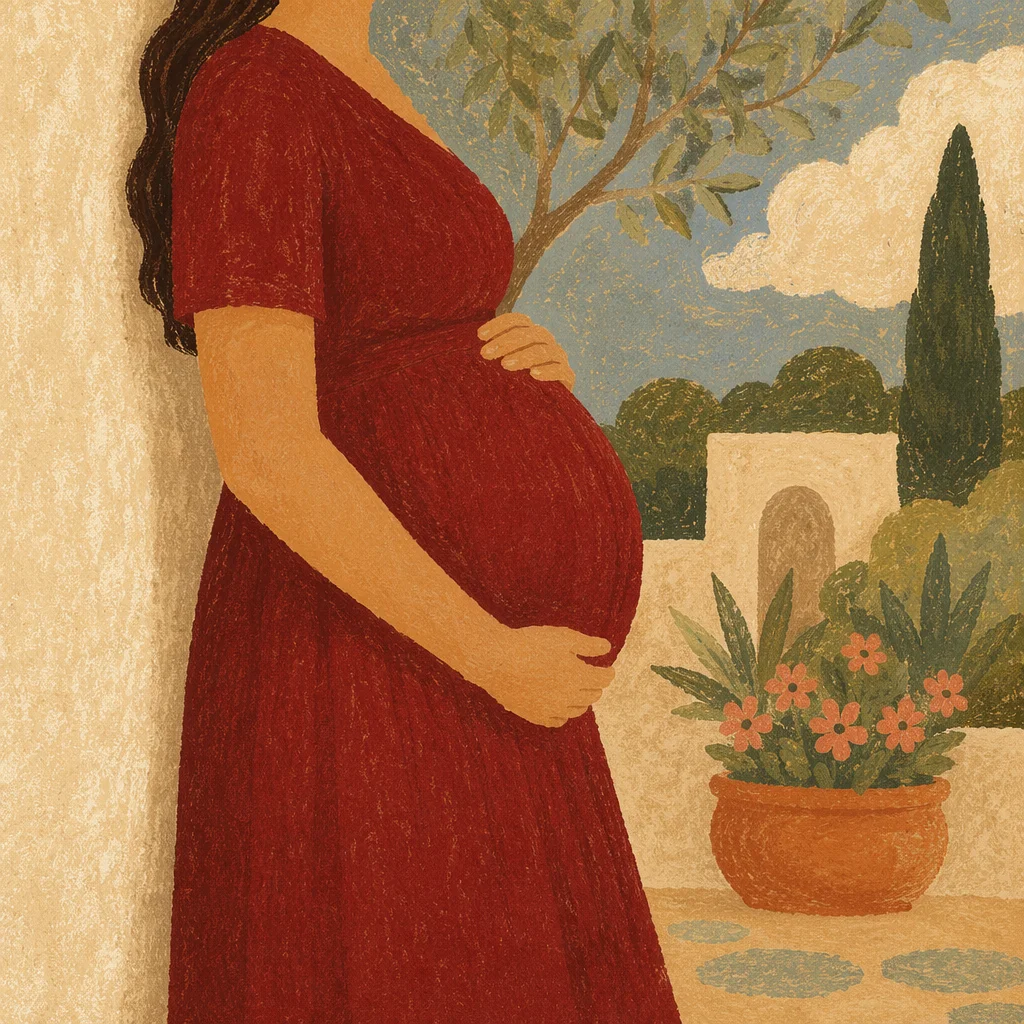 Pregnant Woman Cradling Belly in Garden