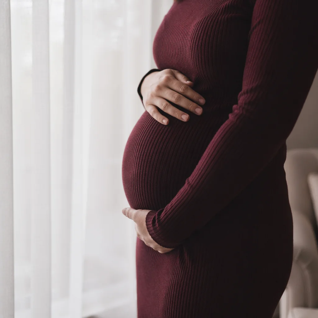 Tender Maternity Belly in Burgundy Dress