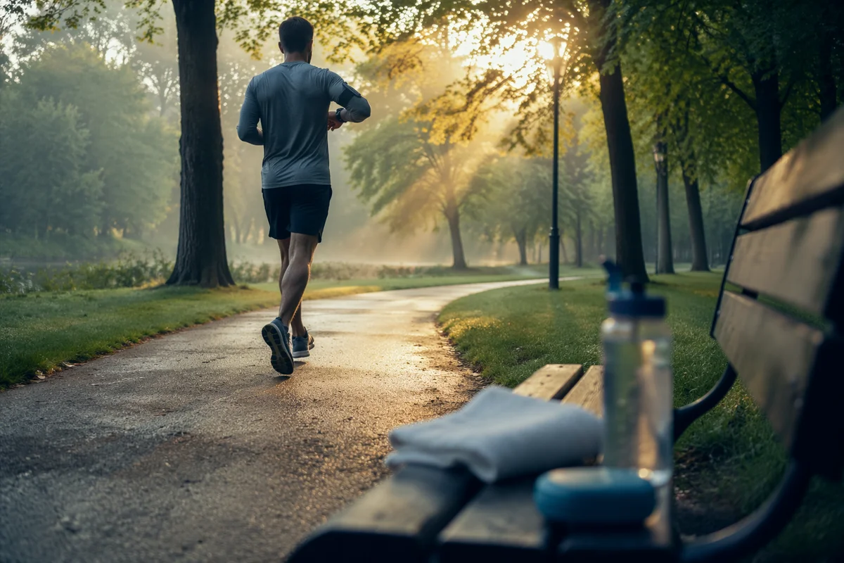 Morning Jogger Monitoring Wellness in Park