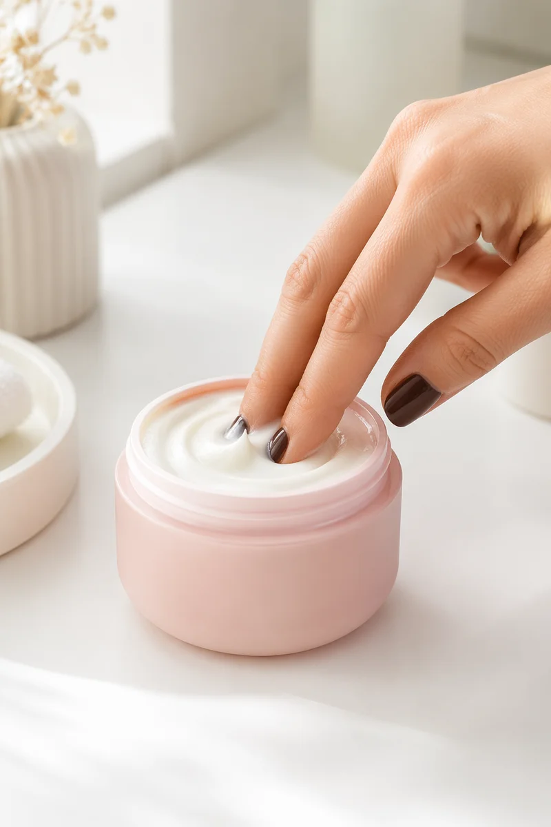 Close-Up Hand Dipping Into Face Cream