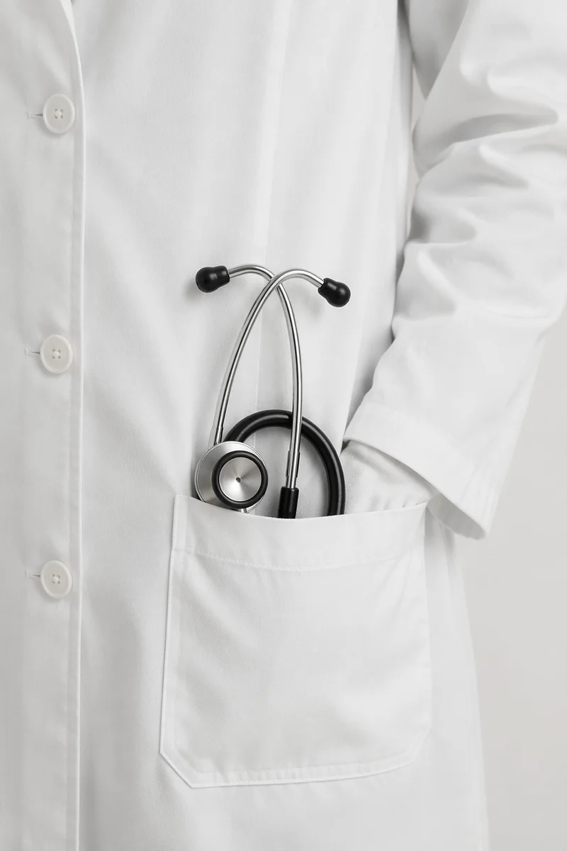Stethoscope in White Coat Pocket Close-Up