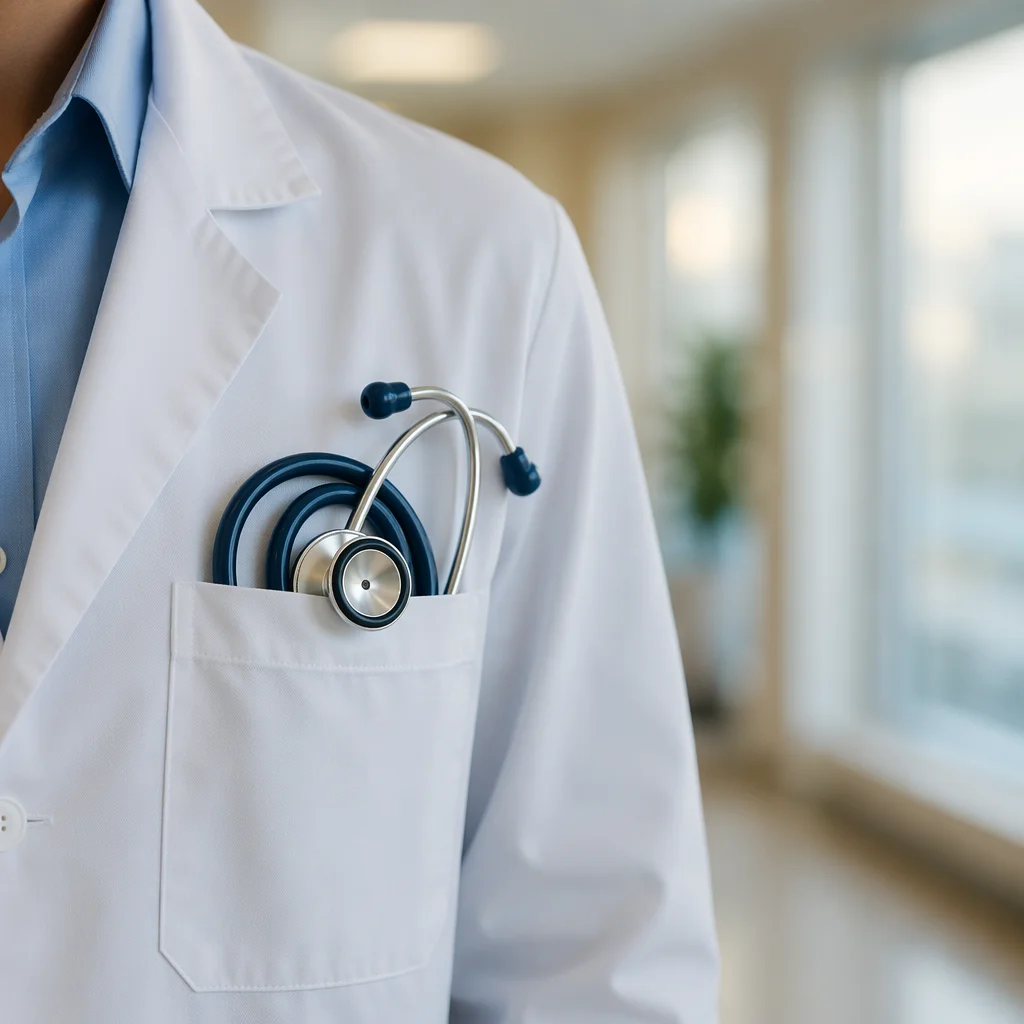 Stethoscope in White Coat Pocket Close-Up