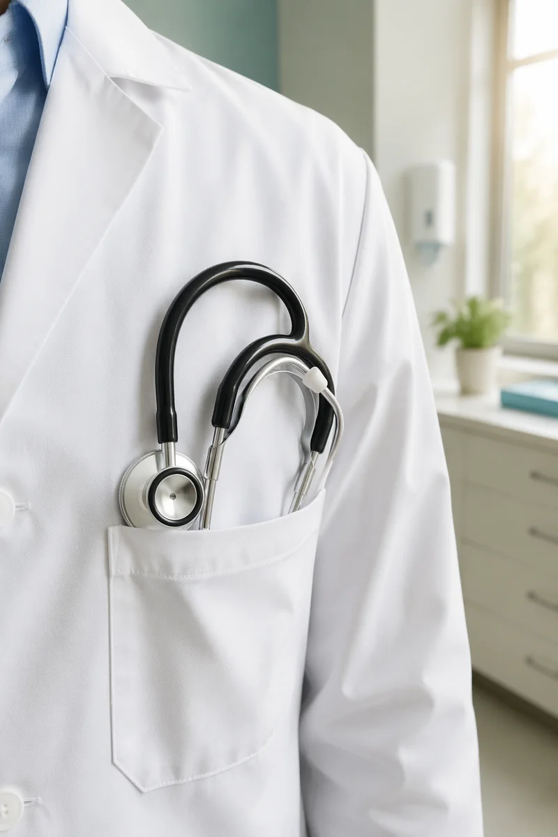 Stethoscope in White Coat Pocket Close-Up