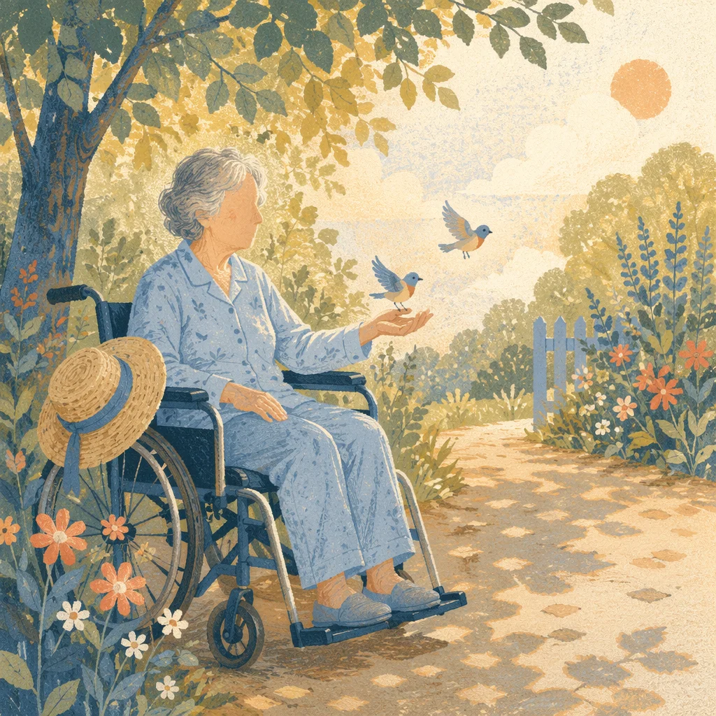 Hopeful Elderly Wheelchair Garden Sunshine Scene