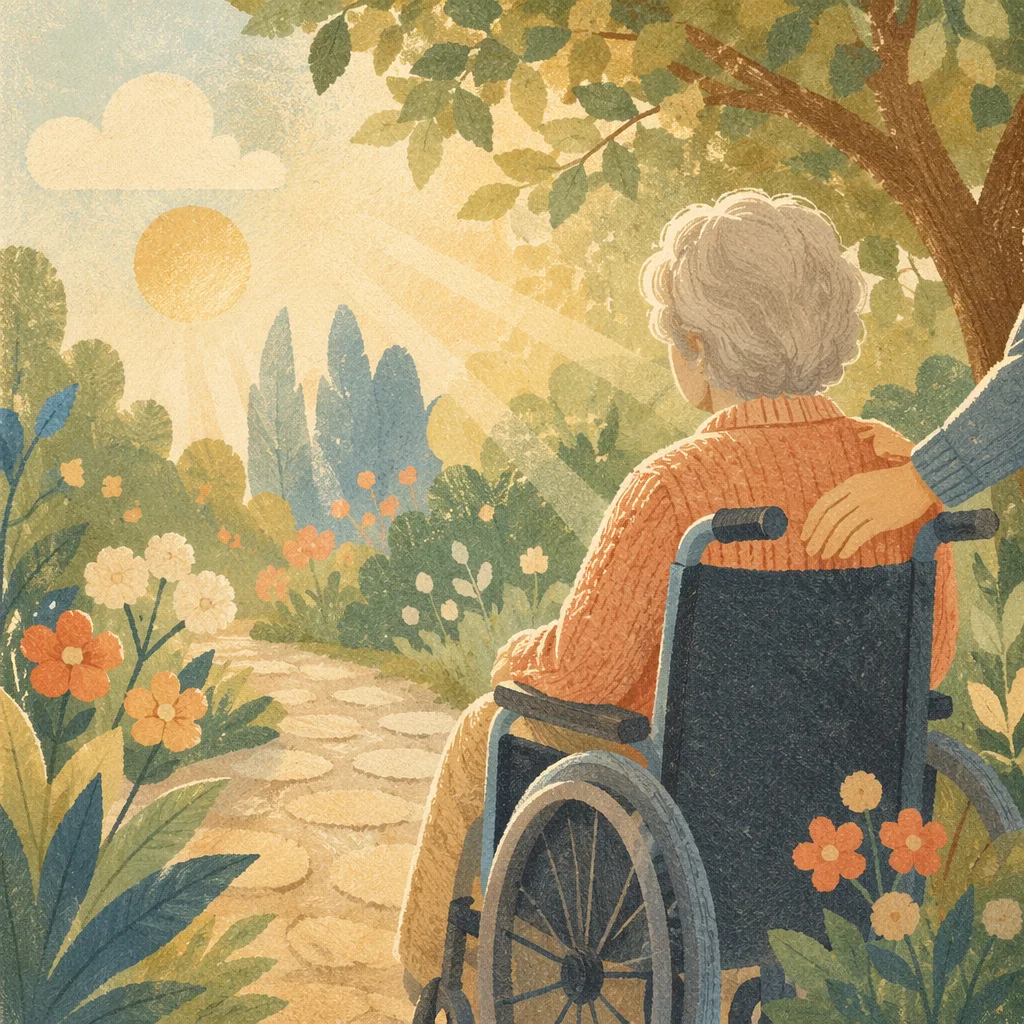 Hopeful Elderly Wheelchair Garden Morning Scene